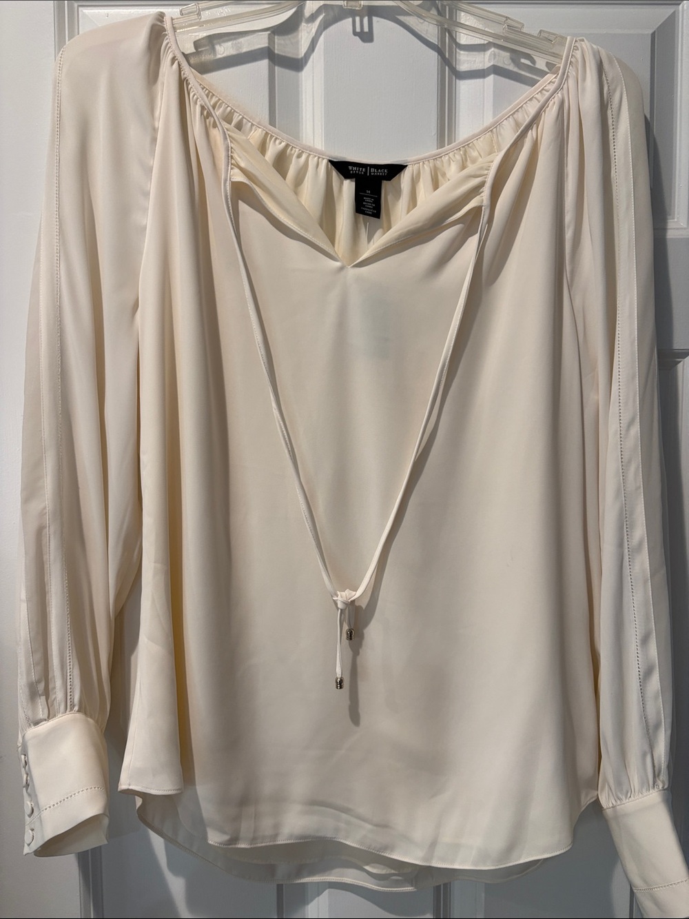 NWT- White House Black Market Ivory Tie-Neck Long Sleeve Blouse
